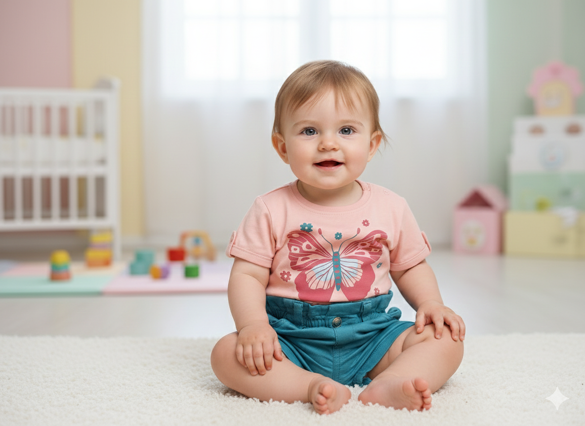 Bebé sentado no tapete com t-shirt rosa e borboleta e calções azuis.