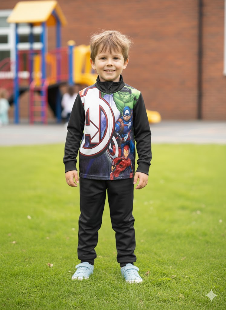 Camisola de criança preta com estampado Avengers e calças pretas em relvado com parque infantil ao fundo