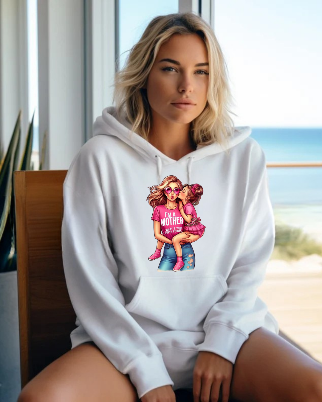Sweatshirt branca com estampa colorida de mãe e filha e texto I'M A MOTHER SO WHAT'S YOUR SUPERPOWER