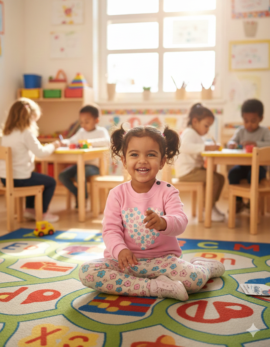 Menina sorridente sentada em tapete educativo com letras e números numa sala de aula colorida