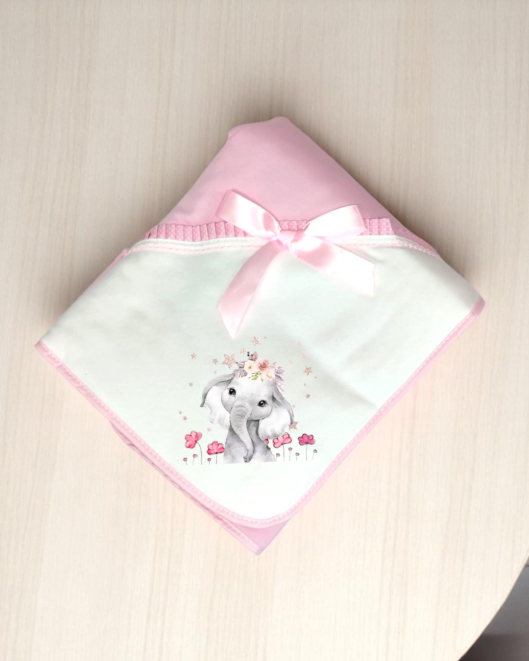 Manta para bebé branca e rosa com elefante e laço de cetim