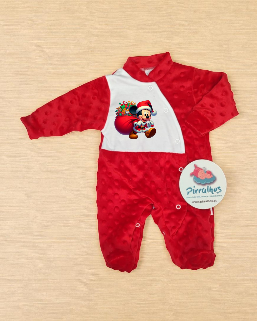 Macacão vermelho e branco para bebé com estampa de Mickey Pai Natal