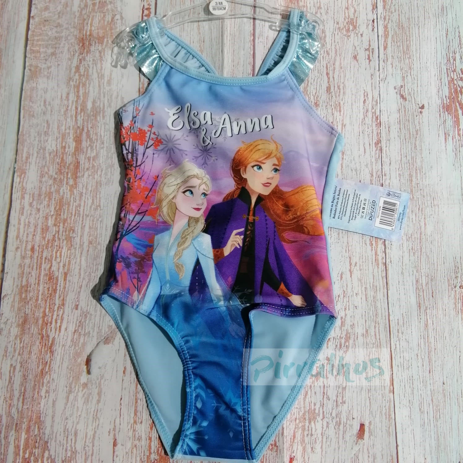 Fato de banho infantil azul com estampa Elsa e Anna do Frozen