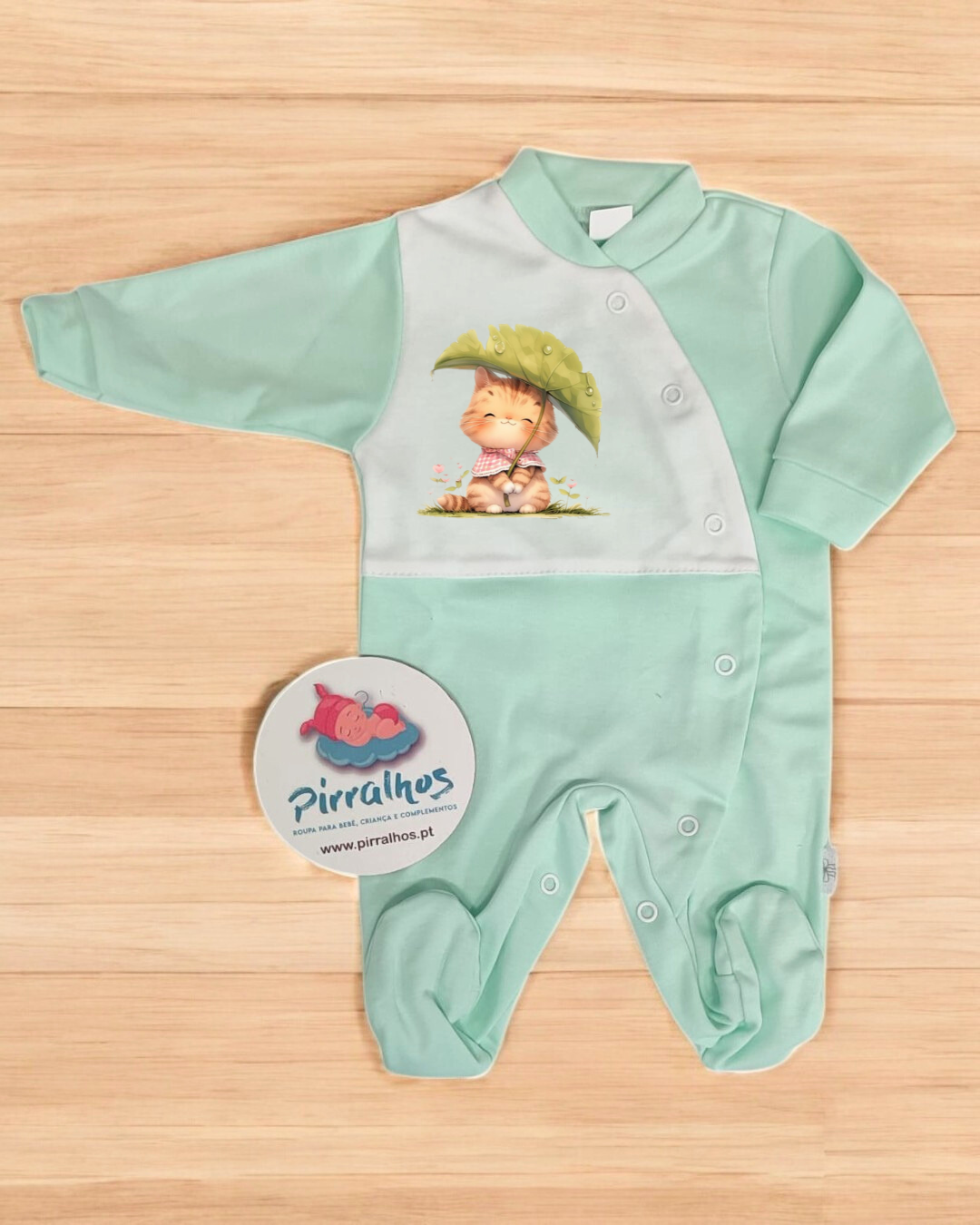 Babygrow de algodão Gatinho à chuva - Exclusivo Pirralhos - 11 Cores à escolha