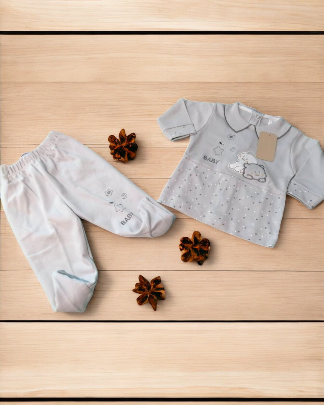 Pijama de duas peças de algodão com golinha dois ursinhos baby