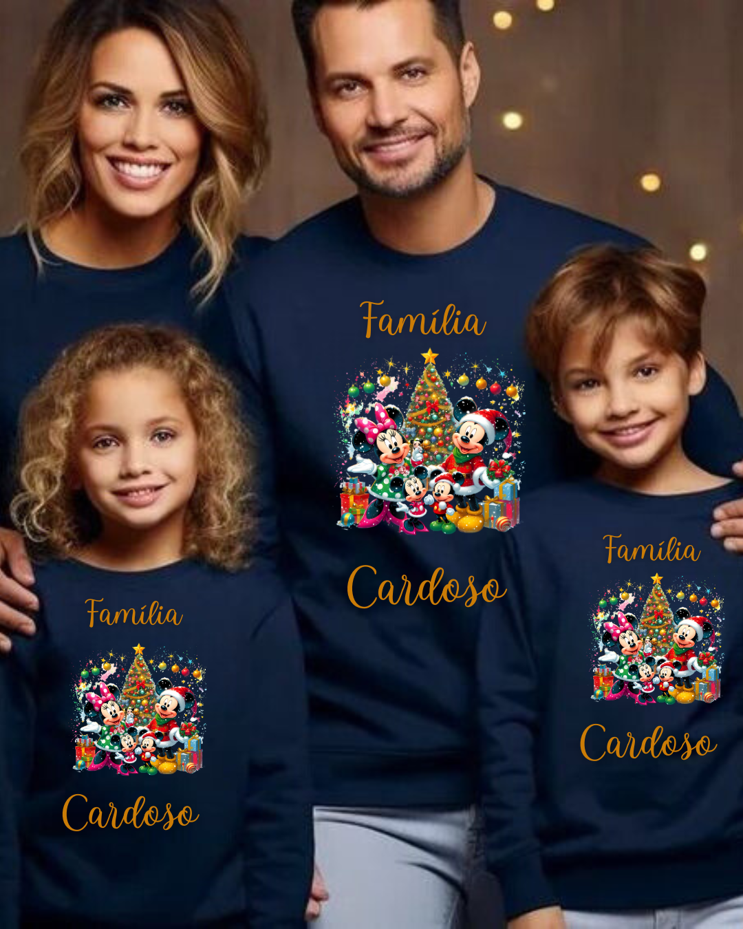 Quatro pessoas com camisolas azul escuro com desenho da Disney e textos Família e Cardoso