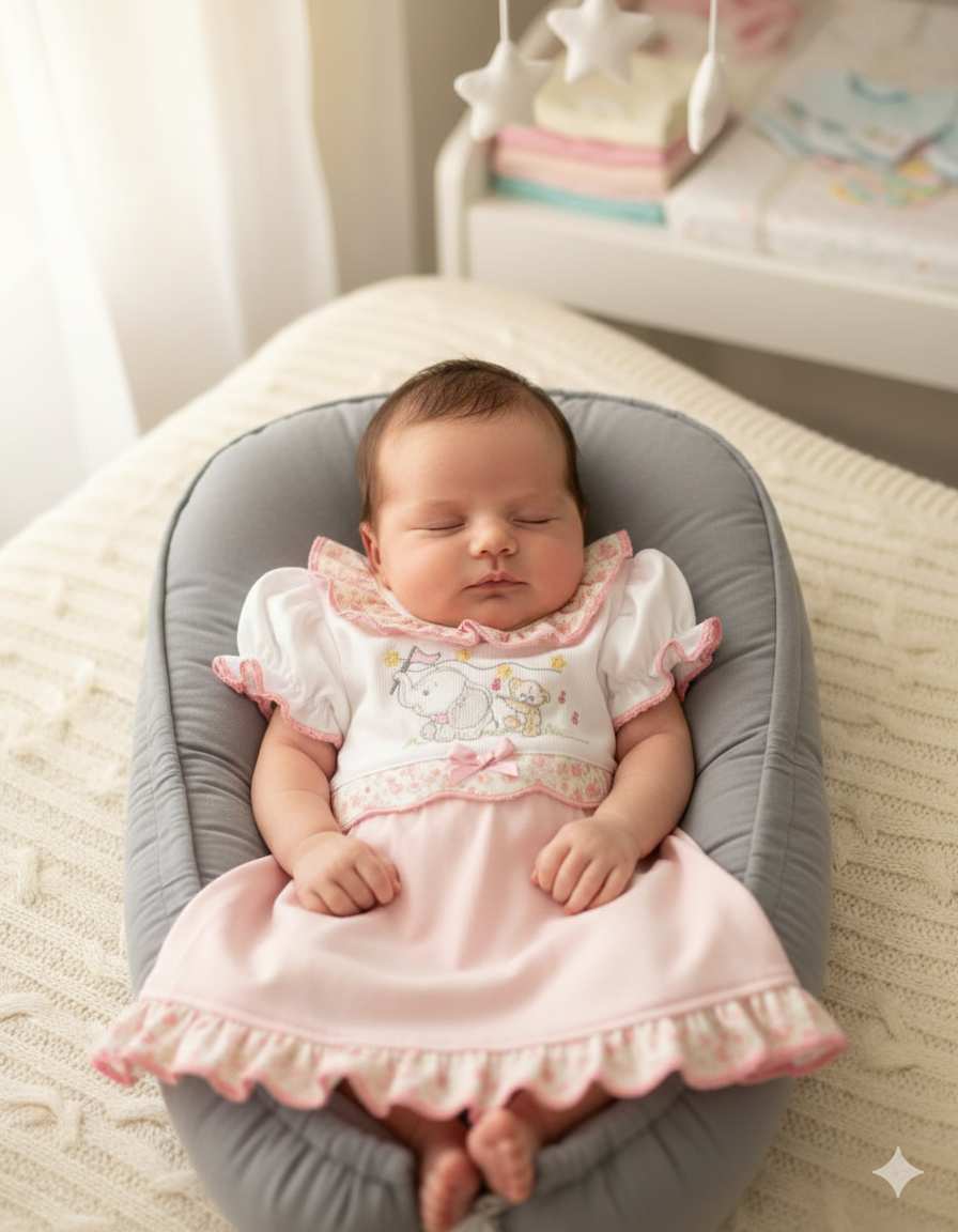 Bebé a dormir num colchão cinzento macio com vestido rosa e branco no quarto.