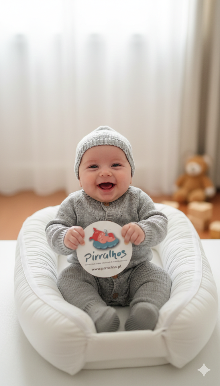 Bebé sentado em apoio almofadado branco, com roupa cinzenta, segurando cartão Pirralhos