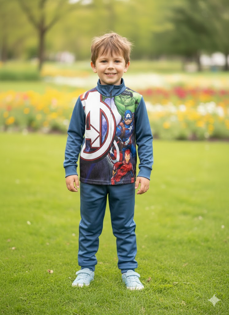 Menino com fato de treino dos Avengers num jardim