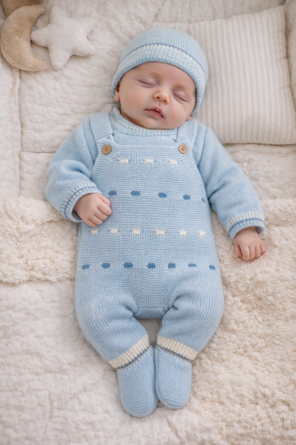Bebé a dormir com macacão e gorro de malha azul-claro sobre manta felpuda bege