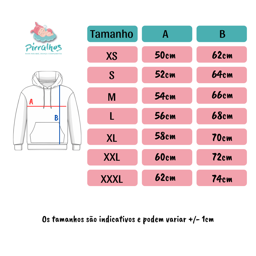 Tabela de tamanhos para hoodie branco com medidas e logo Pirralhos