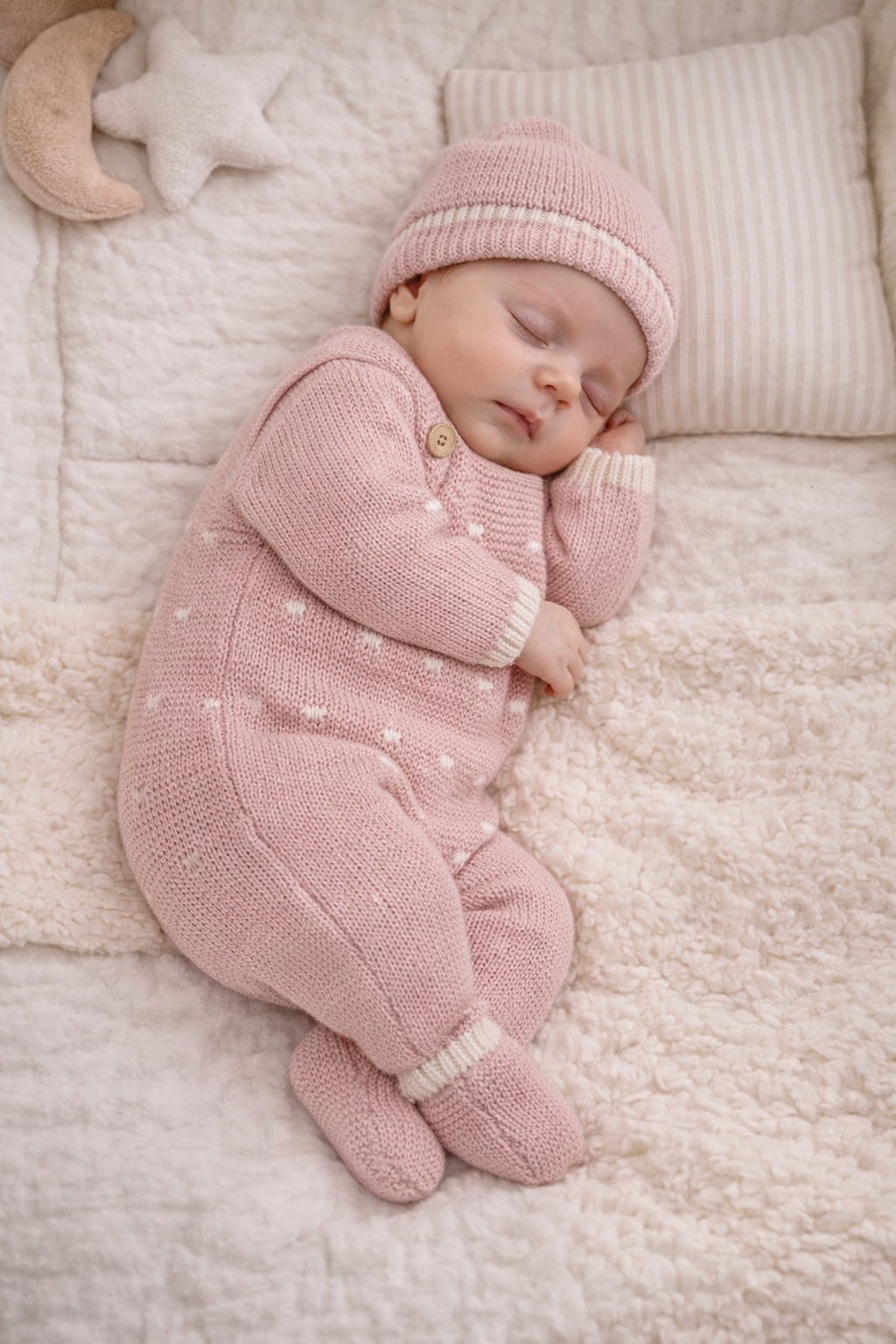 Bebé a dormir com fato de malha cor-de-rosa e gorro