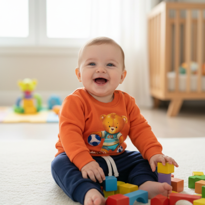 Bebé a sorrir no chão a brincar com blocos coloridos, de camisola laranja com urso e calças azuis.