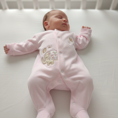 Bebé a dormir em pijama rosa com elefante bordado num berço branco