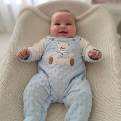 Bebé sorridente deitado com macacão azul claro com ursinho bordado numa almofada creme.