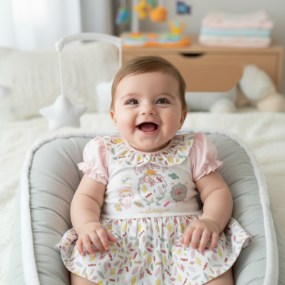 Bebé sorridente com vestido branco e rosa sentado em almofada cinza clara num quarto de bebé