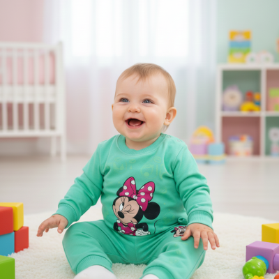 Bebé sorridente de fato de treino verde com Minnie, sentado numa carpete branca com brinquedos coloridos à volta