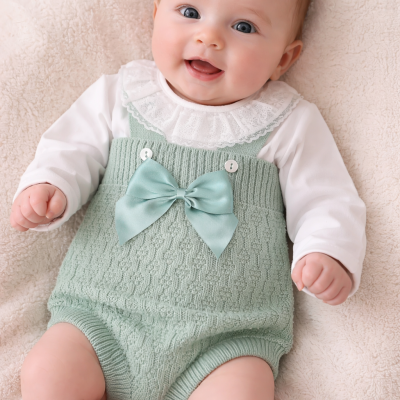 Bebé com roupa branca e macacão verde água com laço cetim, deitado em superfície macia creme.