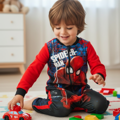 Criança a usar pijama do Homem-Aranha e a brincar com carro de brinquedo vermelho e blocos coloridos no chão.