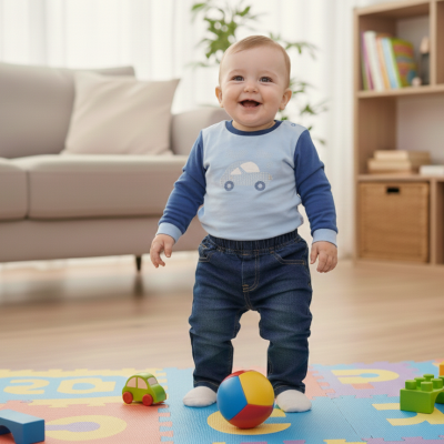 Bebé de pé com roupa azul e calças de ganga num tapete colorido com brinquedos ao redor