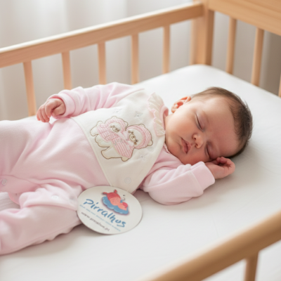 Bebé a dormir em cama de grades com macacão rosa com desenho de ursos e etiqueta Pirralthus