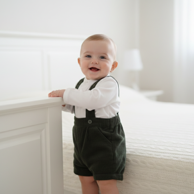 Bebé sorridente em roupa branca e verde junto a cama branca num quarto luminoso
