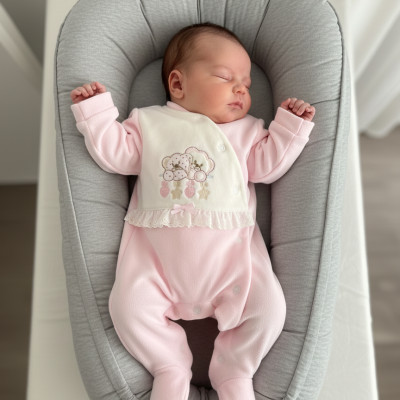 Bebé adormecido de macacão rosa claro deitado num colchão almofadado cinzento claro