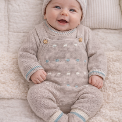 Bebé sorridente vestido com conjunto de malha bege com gorro, camisa e jardineiras com padrões azuis e brancos sentado em tapetes brancos.