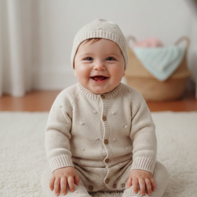 Bebé vestido com roupa tricotada bege sentado em tapete branco segurando brinquedo com texto