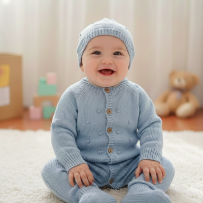 Bebé com fato de malha azul e gorro sentado em tapete branco