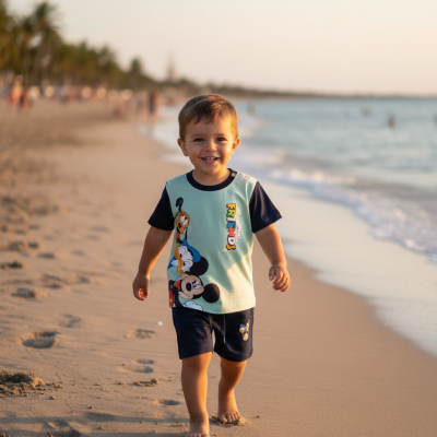 Criança a caminhar descalça na areia da praia com roupa Disney colorida
