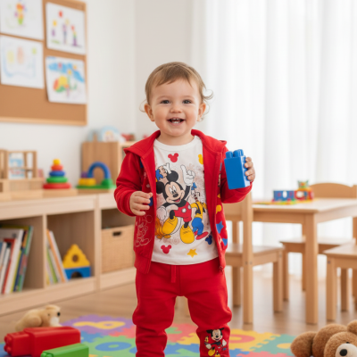 Criança com roupa vermelha e t-shirt com Mickey Mouse em quarto infantil com brinquedos coloridos