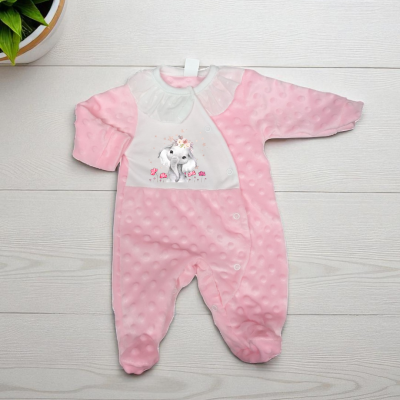 Pijama rosa para bebé com elefante decorativo e gola branca rendada