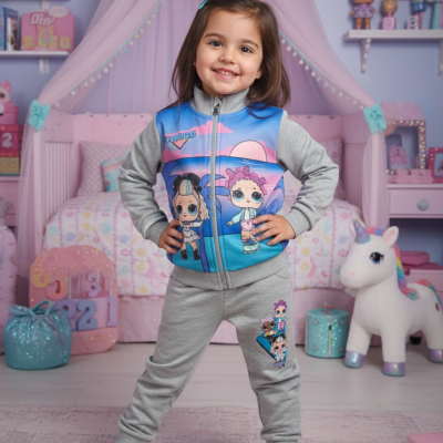 Rapariga com fato de treino cinzento com estampados coloridos e ténis azuis claros em quarto infantil cor-de-rosa e azul