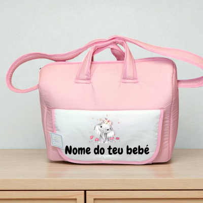 Mala de bebé cor-de-rosa com bolso branco e elefante ilustrado