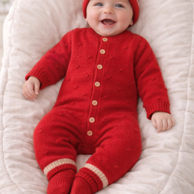 Bebé sorridente com roupa de malha vermelha sentado num cojín bege claro