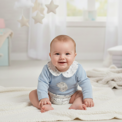 Bebé sentado com roupa azul e branco sobre tapete branco, móbile de estrelas e nuvens ao fundo.