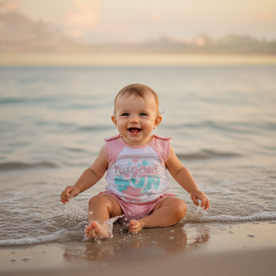 Bebé com fato de banho rosa e branco sentado na areia junto ao mar.