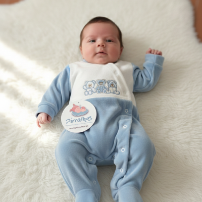 Bebé com fato azul claro e branco com ursinhos bordados deitado em tapete branco