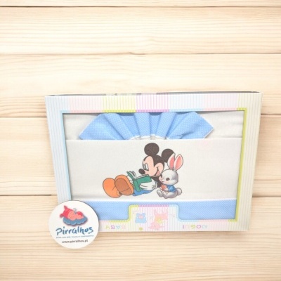Conjunto de têxteis para bebé azul e branco com pintura de Mickey Mouse e coelho