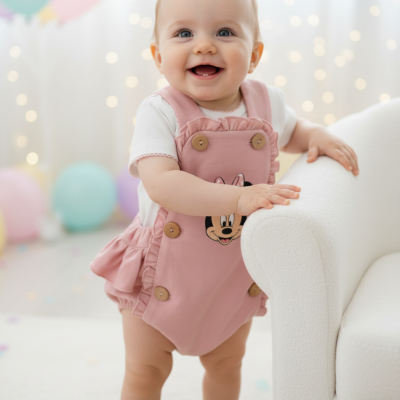 Bebé em macacão rosa com estampa da Minnie e botões de madeira ao lado de um sofá branco