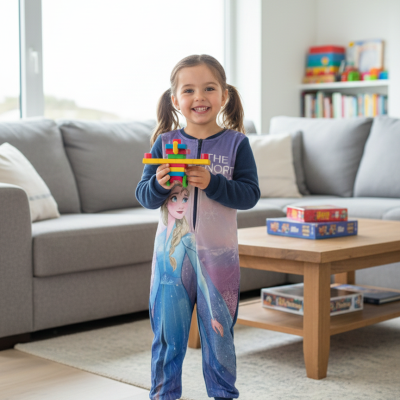 Macacão de criança com estampa Elsa e menina segurando blocos de construção dentro de casa