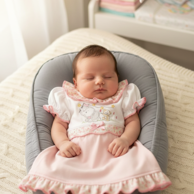 Bebé a dormir num colchão cinzento macio com vestido rosa e branco no quarto.