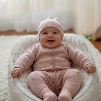 Bebé sorridente em fato e gorro rosa num ninho de bebé branco