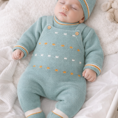 Bebé a dormir vestido com conjunto azul turquesa de malha com botões e gorro, deitado em almofada branca felpuda.