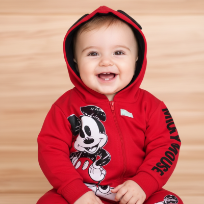 Bebé com fato de treino vermelho com estampa do Mickey Mouse e texto na manga, sentado em fundo de madeira clara