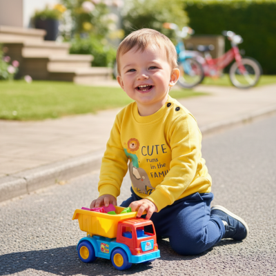 Criança sorridente de camisola amarela e calças azuis brincando com um camião de brinquedo colorido no passeio.