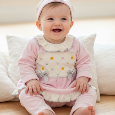 Bebé com roupa rosa e branca bordada e faixa de cabelo