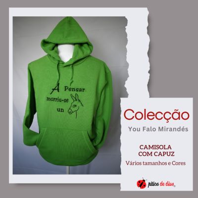Camisola com capuz verde com texto e desenho e anúncio da coleção
