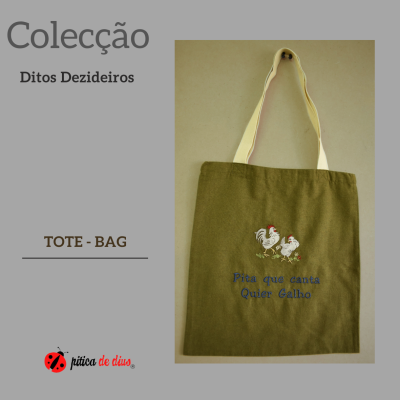 Sacola tote verde com bordado de galinhas e texto, com alças bege